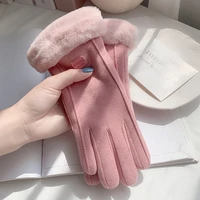women gloves touch screen leather gloves plus velvet thicken outdoor cycling gloves solid color black full finger gloves