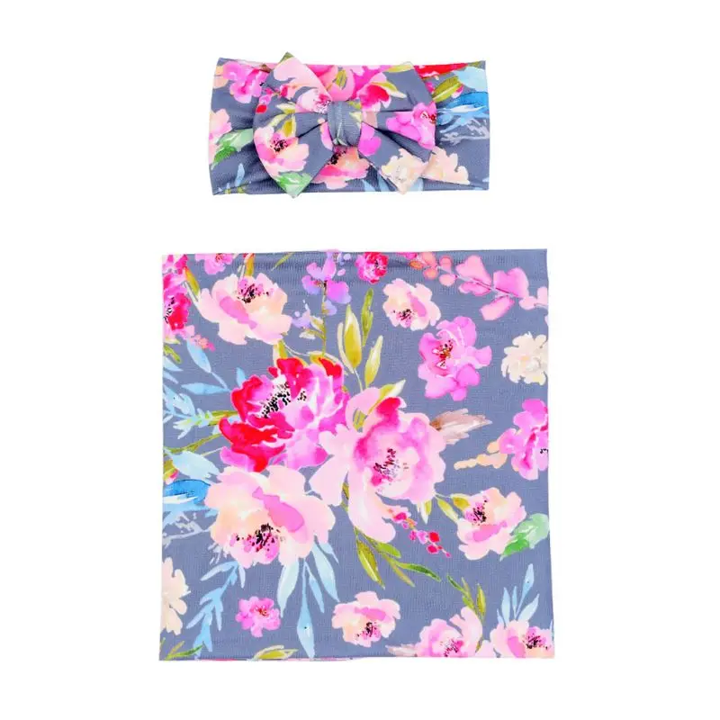 

2 шт., покрывало с цветочным принтом для маленьких детей, полотенце с бантиком, повязка на голову, комплект для малышей