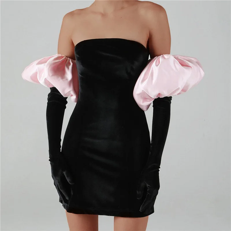 

Elegant Patchwork Velvet Mini Dress Women Sexy Off the Shoulder + Puff Sleeve Gloves Bodycon Evening Club Party Christmas Dress