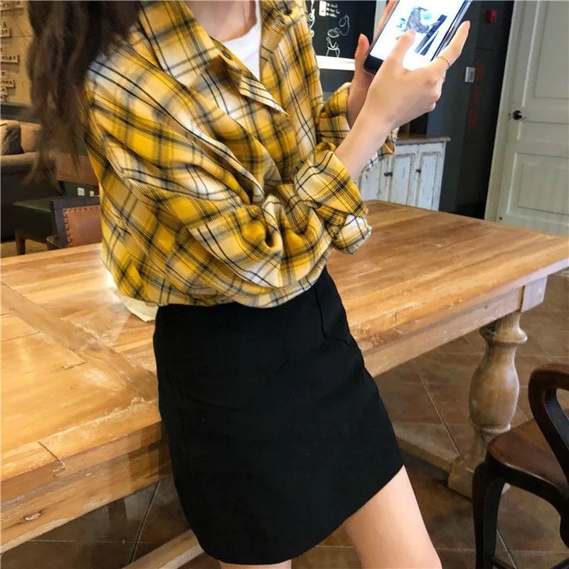 

Shirts Women Large Size 3XL Casual Plaid Lantern Sleeve Loose Ulzzang Chic Trendy All-match Outwear Cute Students Daily Females