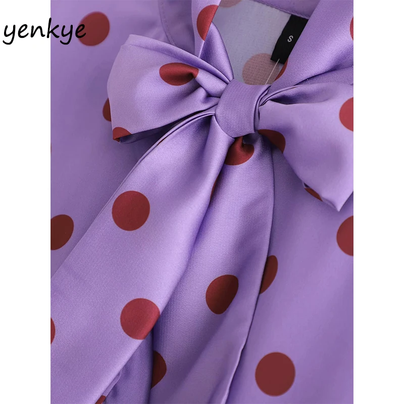 Весна 2020 женское винтажное платье сатин в горошек с бантом на воротнике и длинным