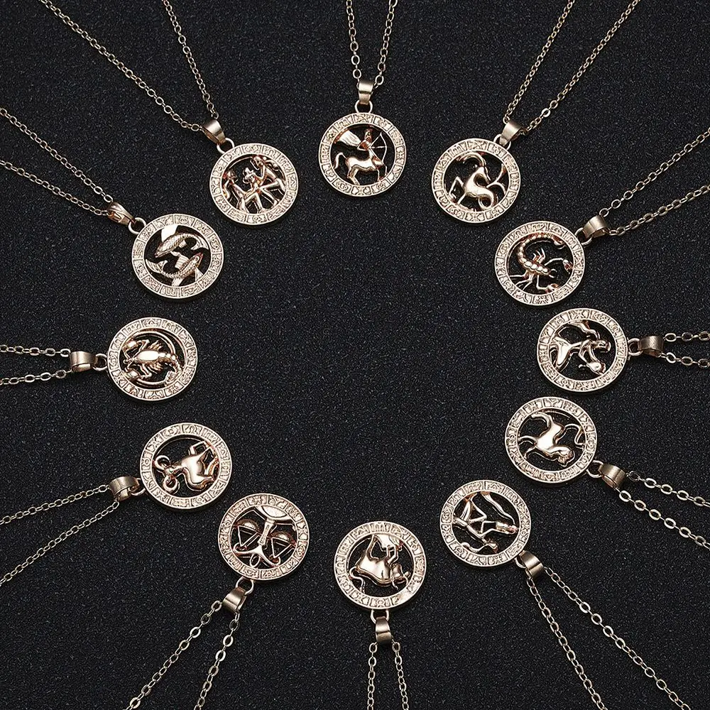 

Gold Color Alloy Guardian Star Hollow Out Taurus Libra Choker 12 Constellation Animal Zodiac Sign Pendant Necklace