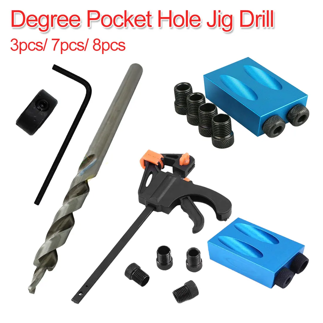 Woodworking Pocket Hole Jig Kit 3pc/7pc/8pc 6/8/10mm Angle Drill Guide Set Hole Puncher Locator Jig Drill Bit Set For Carpentry