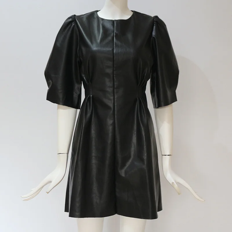

High Street Party Black Dress Spring Summer Women Elegant Lady PU Leather Dress Lantern A Line Slim Short-Sleeve Dresses Vestido