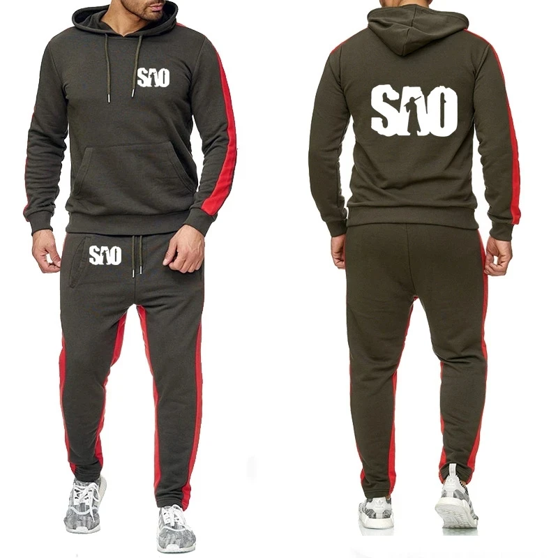 

SAO Printed Hoodies High Quality Fashion casual pullover cotton Sportswear Men splice Hoodies Pants Suit 2Pcs