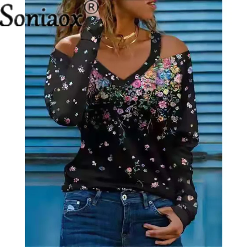 

2021 Summer Women's Floral Printed Off Shoulder T-Shirts Ladies V-Neck Long Sleeve T-Shirts Casual Loose Street Tops