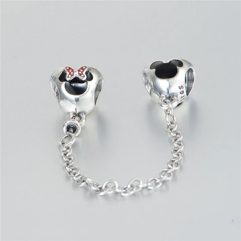 

Fine jewelry charms 925 Sterling Silver jewelry Heart of Mickey & Minnie Safety Chain charm fit brand beads bracelets DIY SF205