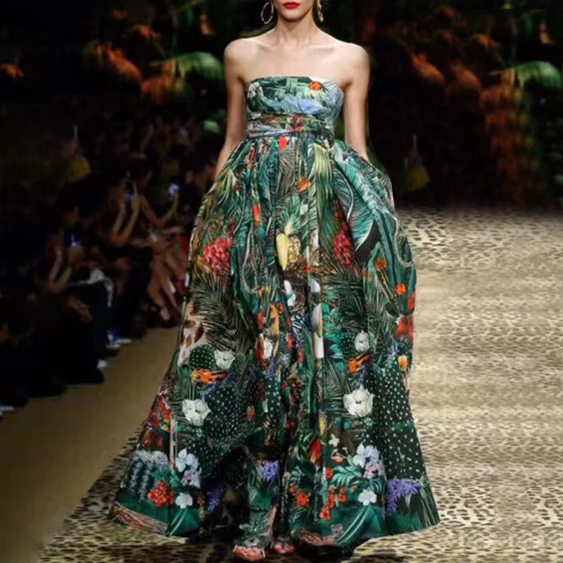 Женское облегающее платье средней длины длинное с зеленым принтом джунглей