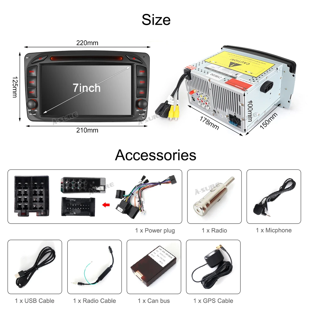

A-Sure Car Multimedia 2 DIN Radio GPS DVD Player Navigation For Mercedes-Benz C/CLK Class W203 W209 Viano Vito BT DAB+ SWC Navi