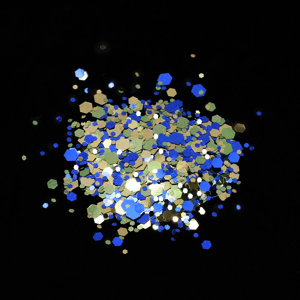 

50 фотоблесток, синий, золотой, крупный, 0,2-3 мм, смешанный лазер, шестигранный дизайн, блеск для ногтей, блестящее украшение для ногтей