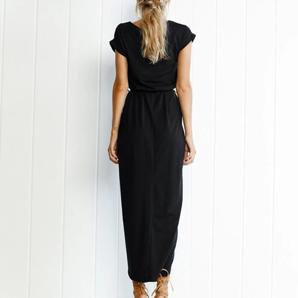 Женское однотонное платье с коротким рукавом трикотажное длинное пляжное