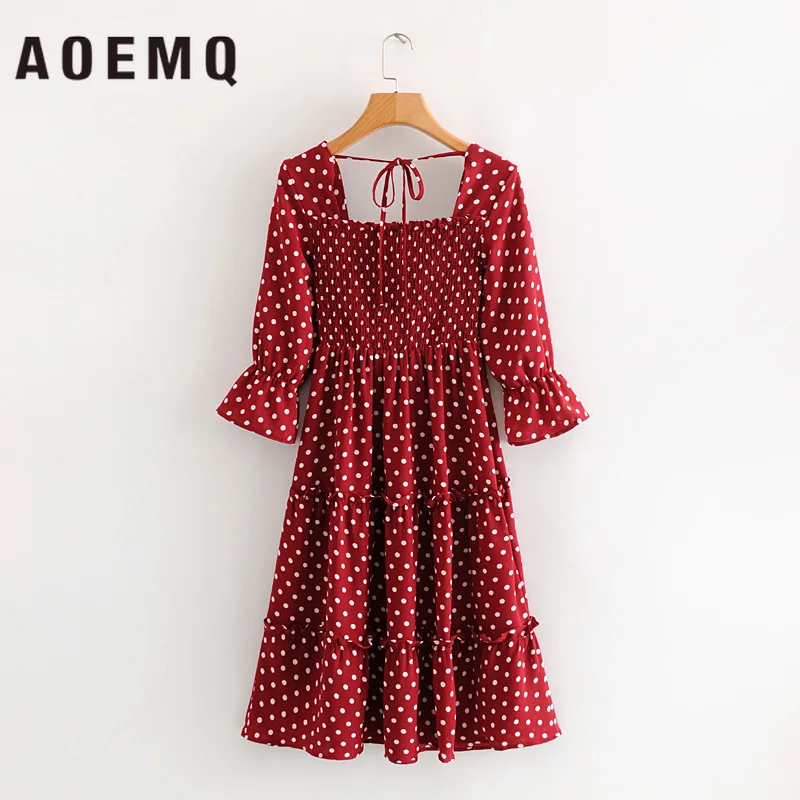 AOEMQ Sweet Cake Dress Strawberry Red with Dot Print Square Lace Up Collar Lotus Leaf Sleeve Summer Clothing | Женская одежда