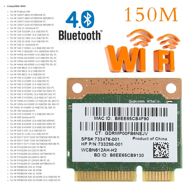 

Bluetooth 4.0 Wifi Wireless Mini PCI-E Card for hp QCWB335 AR9565 SPS 733476-001 2XPA wholesales