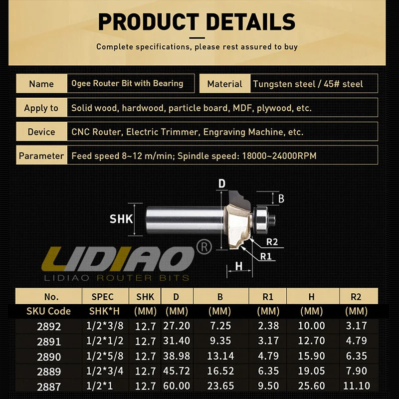 LIDIAO 1/2'' 1/4'' Professional 2 Arc Milling Cutter For Decorating Woodworking Chamfer End Mill Line Trimmer CNC Router Bits |