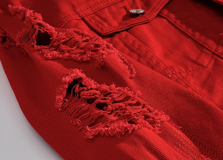 

New Plus Size 3XL Red Ripped Denim Jeans Jackets Hip Hop Streetwear Holes Casual Fashion Men Women Distressed Solid Coat