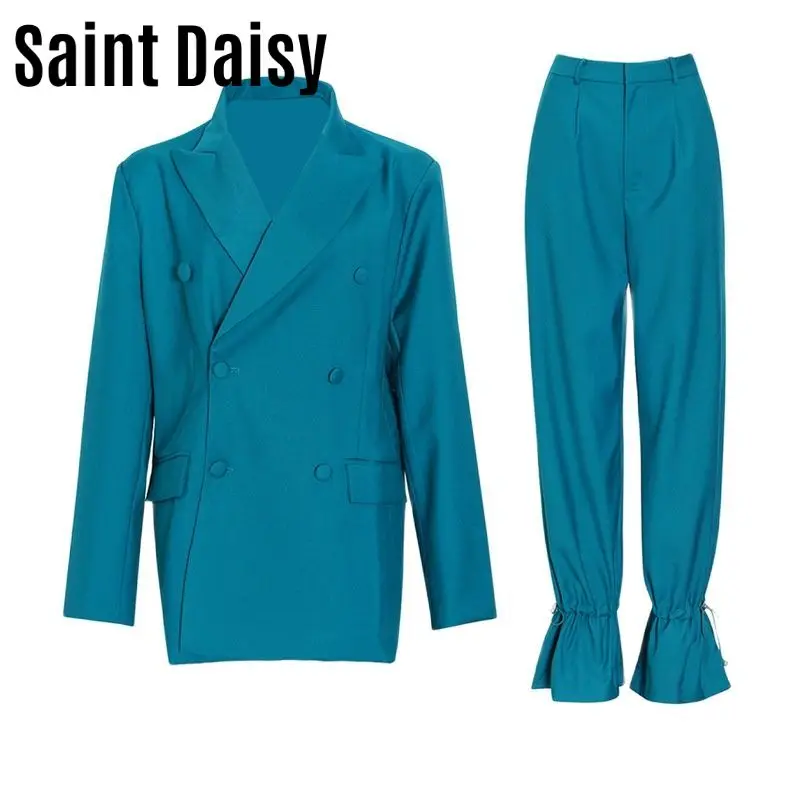 SaintDaisy Blue Pant Suits 2 Pieces Set Trouser Suits Women's Office Suit 2021 Professional Elegant Woman Pants And Blouse 33054