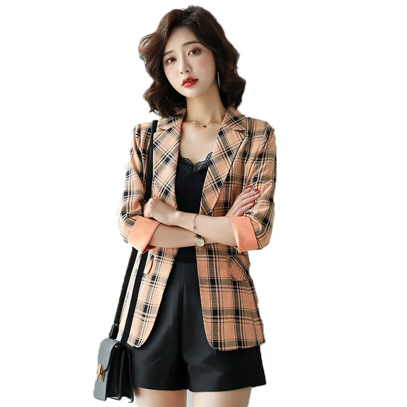 Женский винтажный блейзер в клетку с одной пуговицей осенние куртки карманами