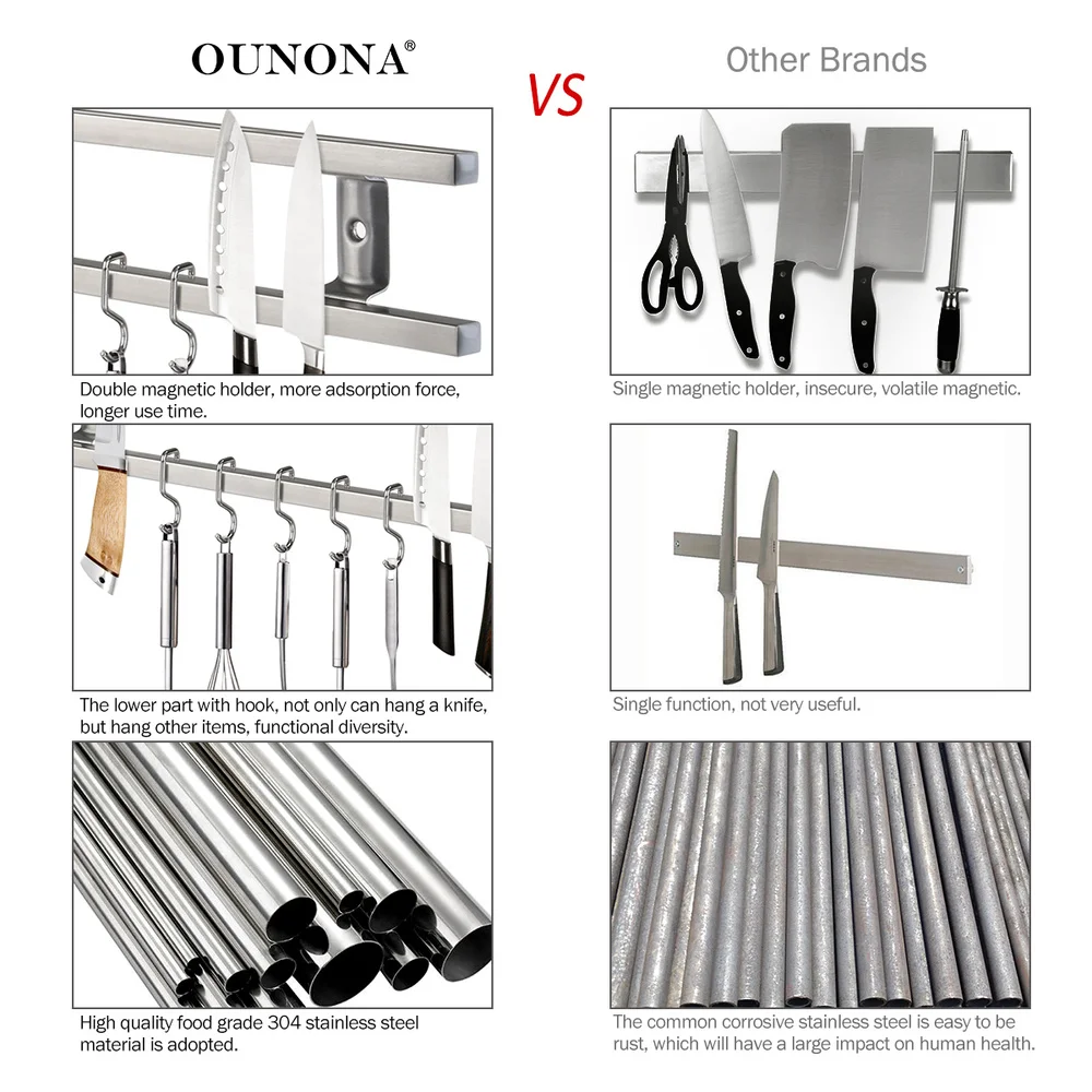 

OUNONA Wall-mounted Magnetic Holder Double Bar Rack for Knives Utensils and Kitchen Sets