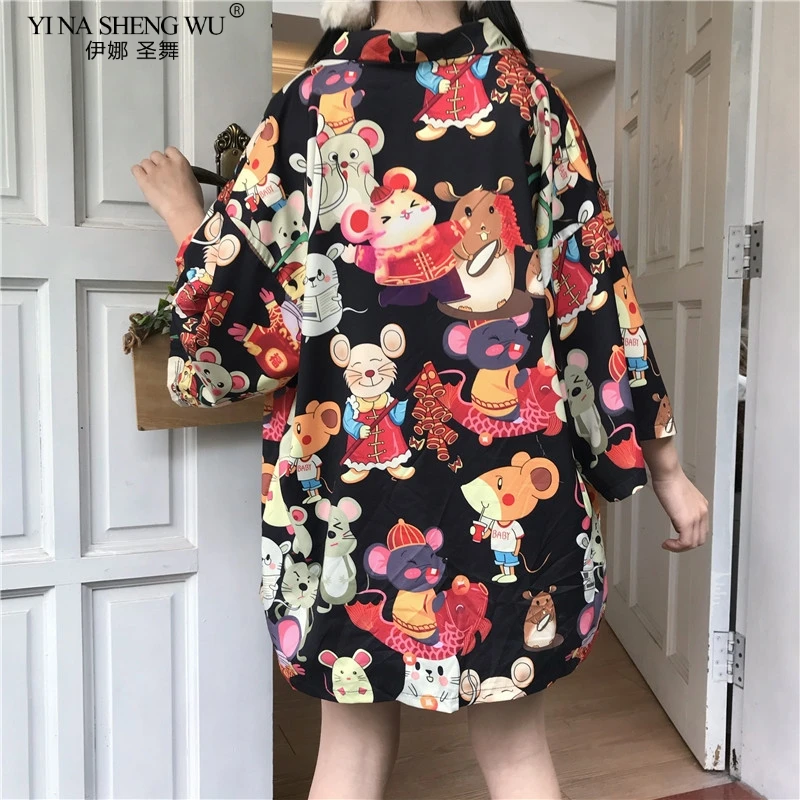 Кимоно для женщин новый год крысы хаори с принтом японской кардиган Самурай