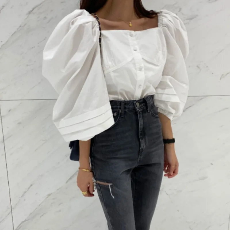 

Korea Women White Square Collar Puff Sleeve Ladies Blusa Shirts 2021 Spring Fashion Casual Female Tops