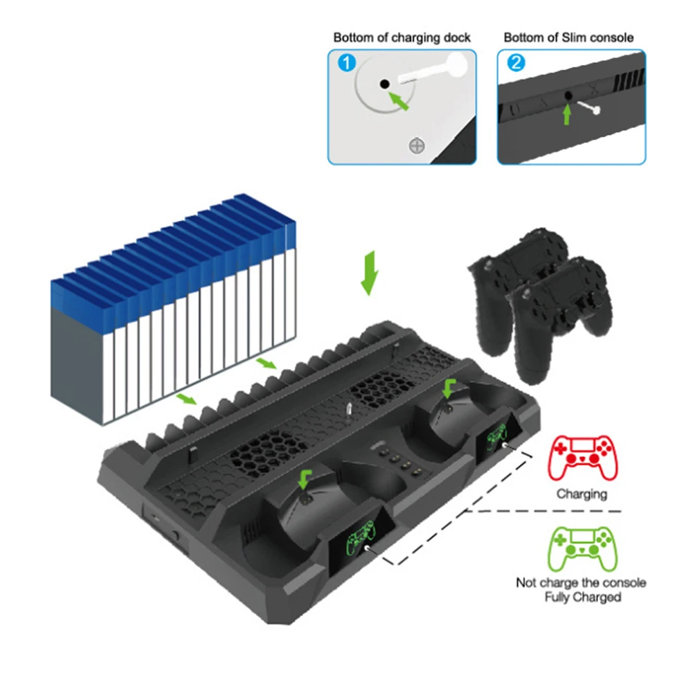 

For PS4/PS4 Slim/PS4 Pro 3 in 1 Multifunctional Dual Controller Charger Console Vertical Cooling Stand Charging Dock Station