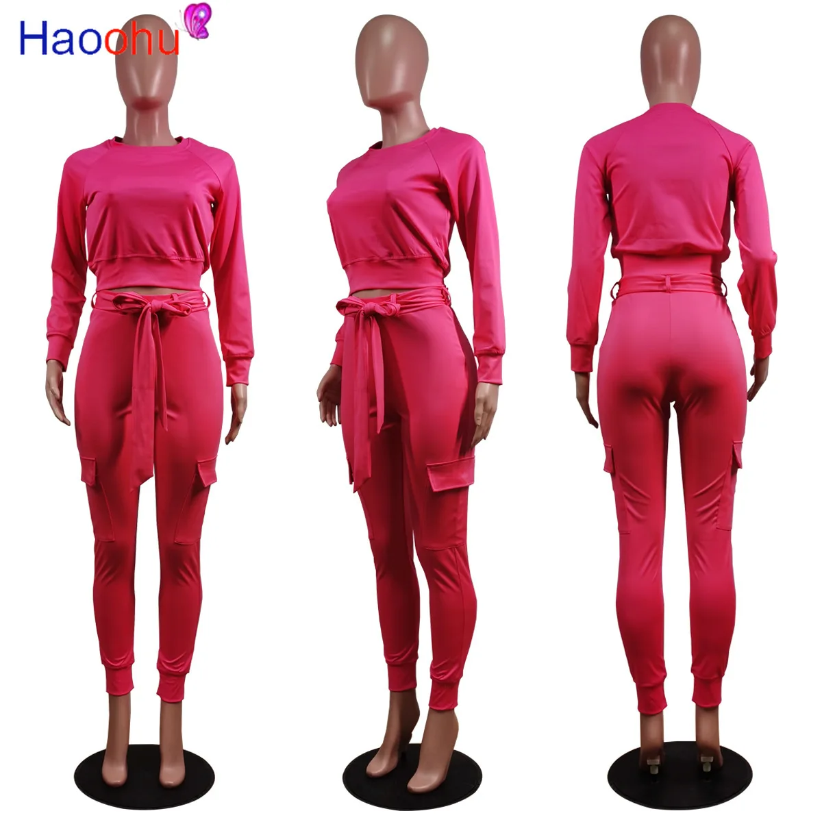 

HAOOHU Autumn winter Matching Women's Set Mini Round Neck Sweatshirt skinny Pants Set Sporty Tracksuit Two Piece Set Outfits