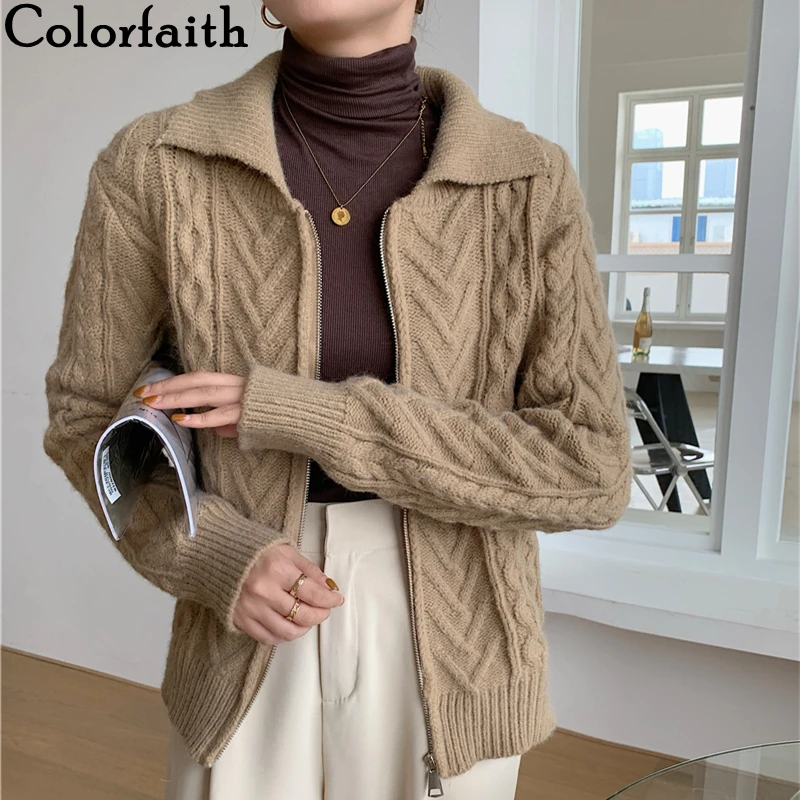 

Colorfaith New 2021 Women's Autumn Winter Sweaters Elegant Lady Fashionable Zipper Cardigans Vintage Knitwear Wild Tops SWC25040