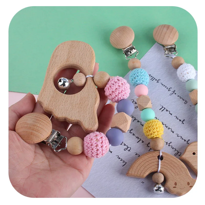 Kissteether 1 Uds beb&eacute; de madera mordedor de BPA libre haya roedor Crochet madera chupete de cuentas colgante campanas chupete cierre juguete para regalo-4