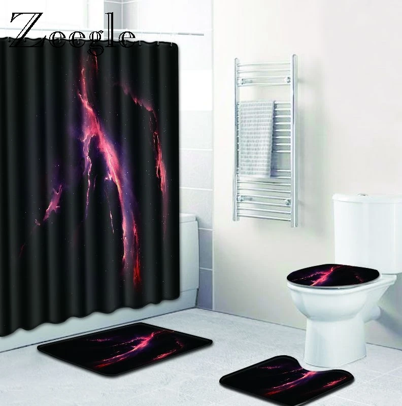 Zeegle 4pcs Bathroom Mat Set with Shower Curtain Pedestal Rug Toilet U Type Waterproof Non-slip Bath Foot | Дом и сад