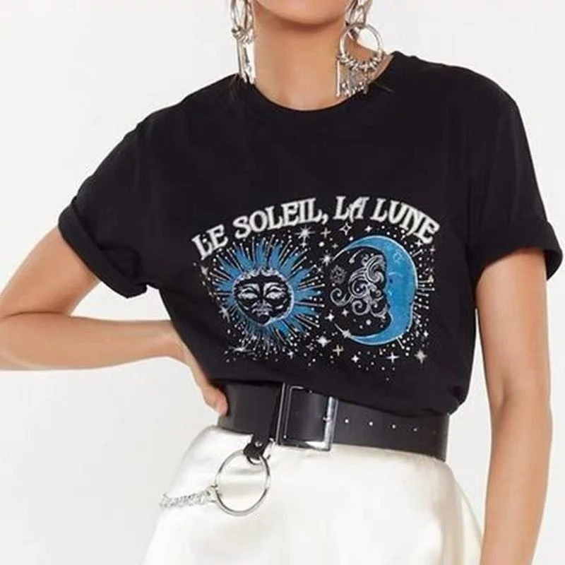 

Футболка Starqueen-JBH Le солей с графическим рисунком Солнца и Луны, 100% хлопок, повседневная крутая черная футболка в стиле гранж, женская футболк...