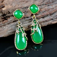 branch and flowers encircle inlay green synthetic emerald chalcedony earrings bohemian pendant earrings cosplay costumes jewelry