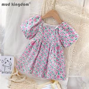 Mudkingdom Doll Dress for Girls Summer Puff Sleeve Square Collar Flower Floral Cute Dresses Toddler Drop Shoulder Kids Clothes
