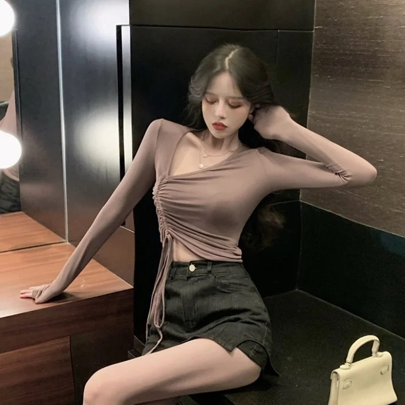 

Женская короткая футболка на шнуровке, универсальная облегающая футболка с длинным рукавом и V-образным вырезом, осень 2021