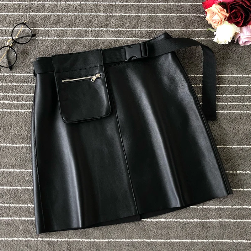 Продажа Женская короткая юбка из овчины, трапециевидная юбка с высокой талией и ремнем, кожаная юбка цвета хаки, 2020