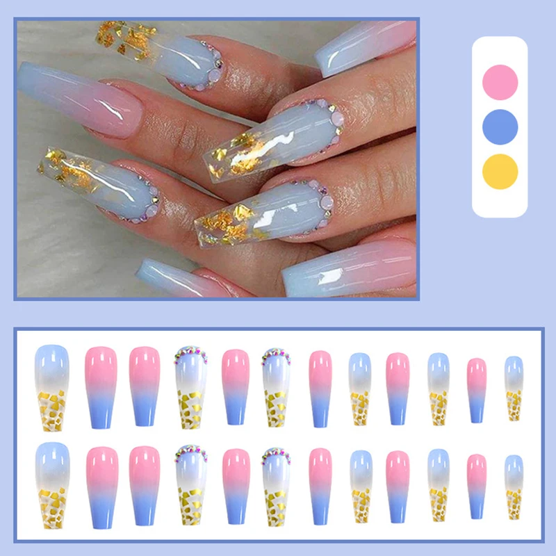 

24pcs Fake Nails With Designs Rainbow Gold Leaf With Diamond Wear Long Paragraph Manicure Patch False Nails Press On Nails DL