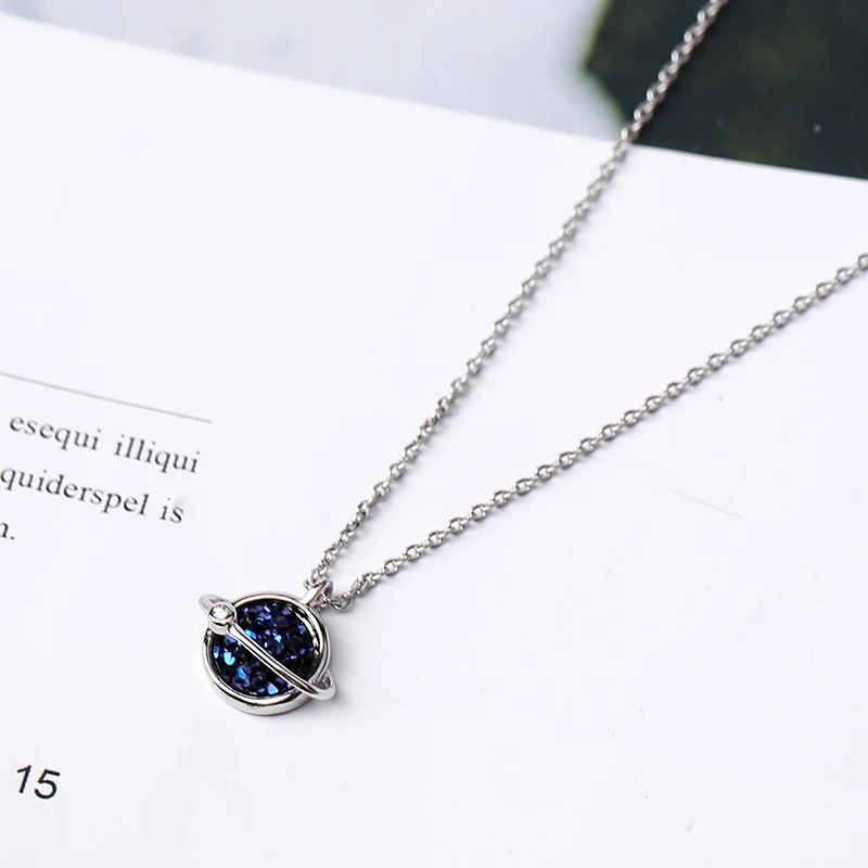 

ModaOne Blue Saturn Planet Bling 925 Sterling Silver Necklace For Women Girls Sweet Korean Clavicle Chain Jewelry Gifts