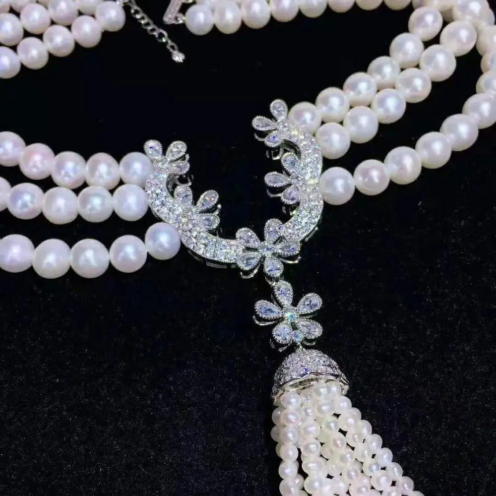Hand knotted 3strands 8-9mm white freshwater cultured pearl micro inlay zircon accessories necklace long 43-48cm | Украшения и