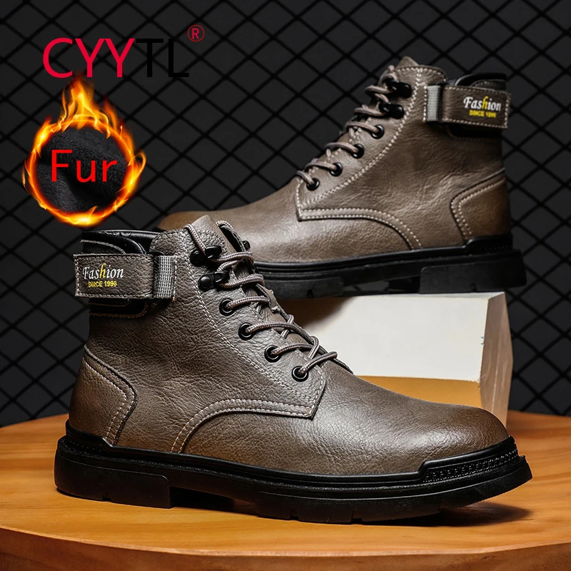 

CYYTL Buckle Design Men's Winter Ankle Boots Fur Lined Warm Snow Outdoor Walking Shoes Leather Waterproof Casual Anti Slip Botas