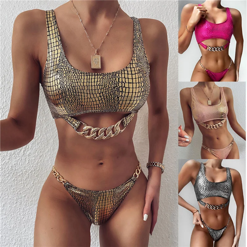 

Womens Snake Skin Pattern Bikini Suit Low Neck Metal Chain Decorations Tank Tops with Triangle Bottoms Women Two-Piece Suits
