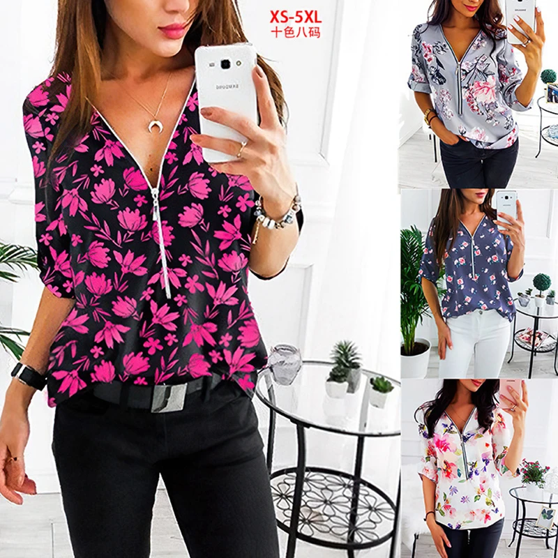 

Spring And Summer New Fashion Printed Shirt Loose Long Sleeve Blouse Zipper V-Neck Sark Top Casual Bottoming Shirt Women's Wear