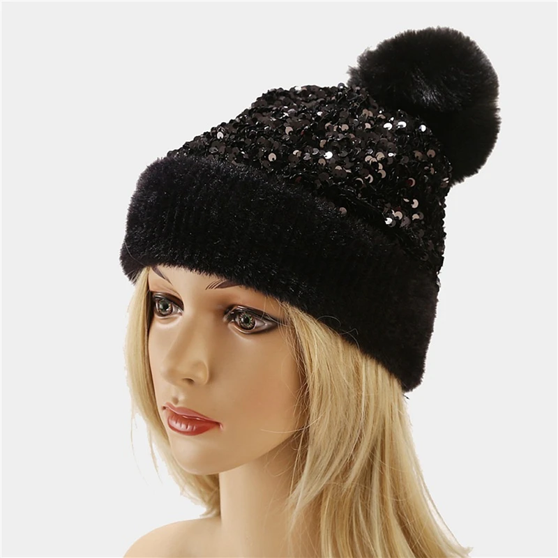 

Winter Beanies Hats Women Bing Sequins Beanie Female Fur Pom Pom Hat Bonnet Beanie Caps Winter Warm Hats For Women