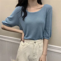summer women knit o neck half sleeves t shirt casual streetwear knitted loose shirts feme tees tops outwear for women