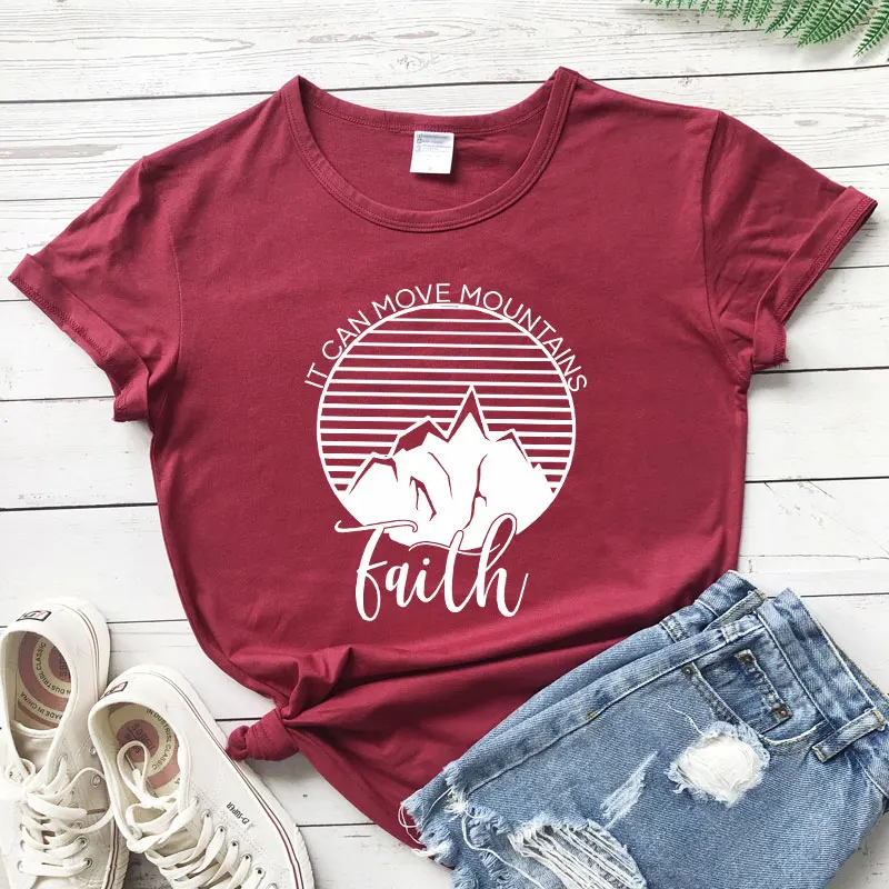 Женская футболка с надписью It Can Move Mountains Faith стильная повседневная рисунком в