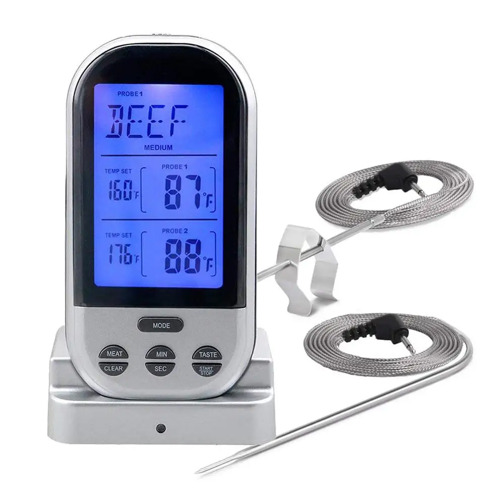 Silver Wireless Barbecue Thermometer Long Range Digital Smoker Meat Thermometer With Dual Probe for BBQ, Oven, Smoker, Grill - Цвет: Silver