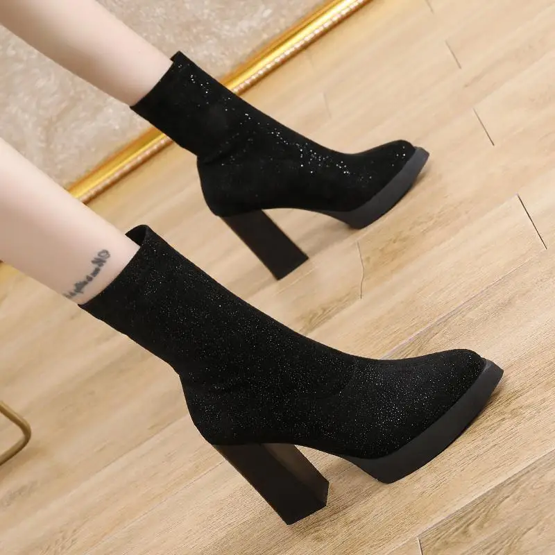 

Women Mid Calf Boots,Stretch Short Boot, 2021 Autumn/Winter Shoes,Pointed toe,Square Heel,Fashion Female Footware,BLACK,Dropship