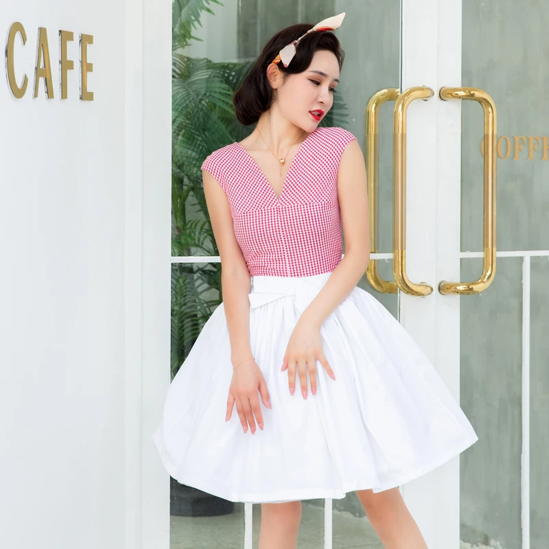 

French retro girl v-neck temperament fashion plaid Tutu Dress Audrey Hepburn Vintage Women Retro Dress Party Vestidos