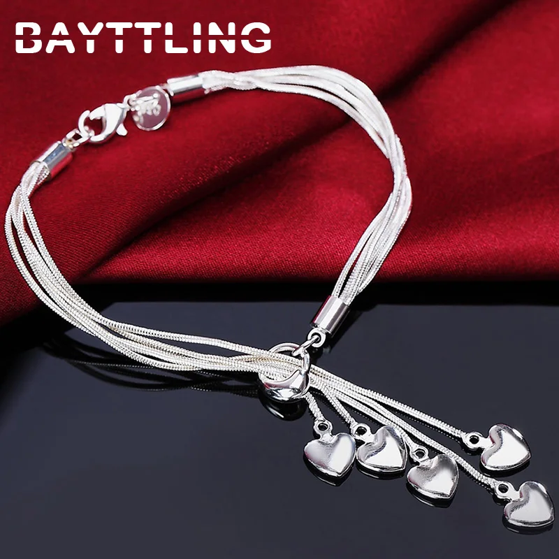 

BAYTTLING 925 Sterling Silver 8 Inch Snake Chain 5 Heart Pendant Bangle For Woman Fashion Glamour Wedding Jewelry Gift