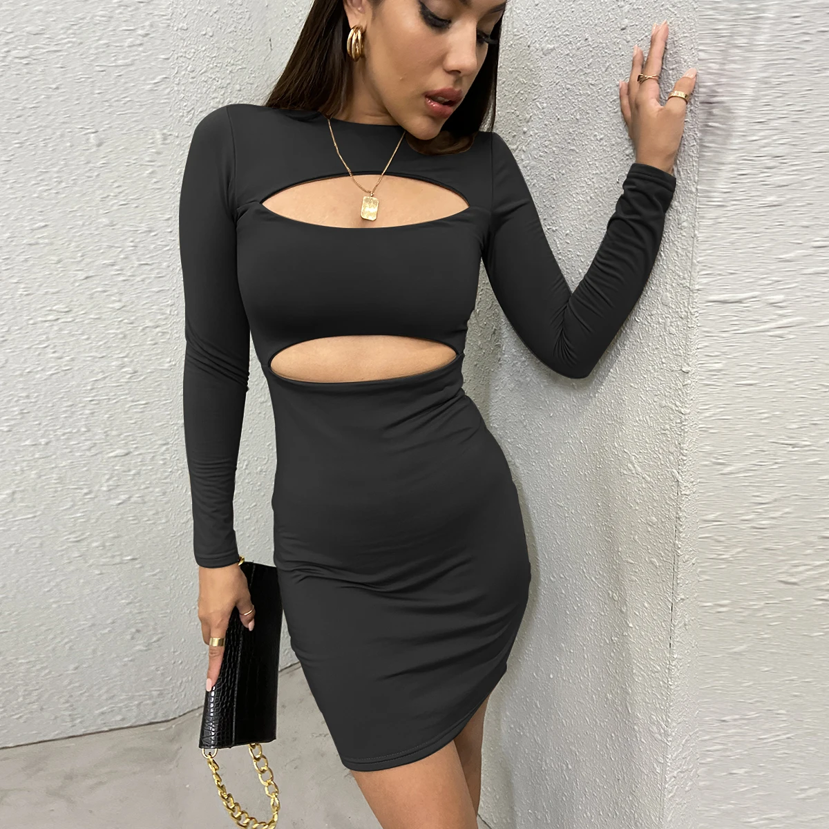 

Women's Dress Winter Long-sleeve Keep Warm Pleated Hollow Out Red Slim Mini Sexy Part Club Holiday Female Clothing Wild Simple