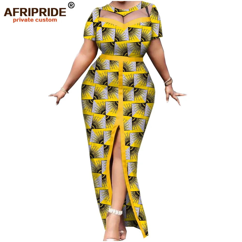 Африканское весеннее женское платье AFRIPRIDE bazin richi, хлопок, короткий рукав, длина по щиколотку, раскол, платье для женщин A1925003