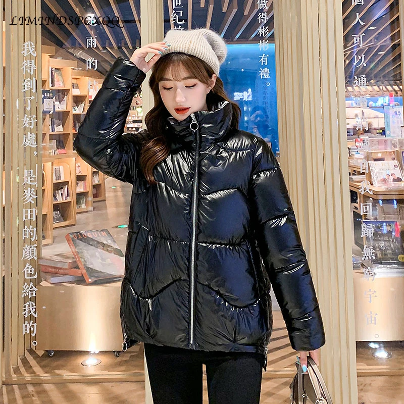

Short Tops Winter Jacket Women Glossy Stand Collar Cotton Coat Oversize Padded Parka Plus Size Casaco Feminino Abrigos Mujer